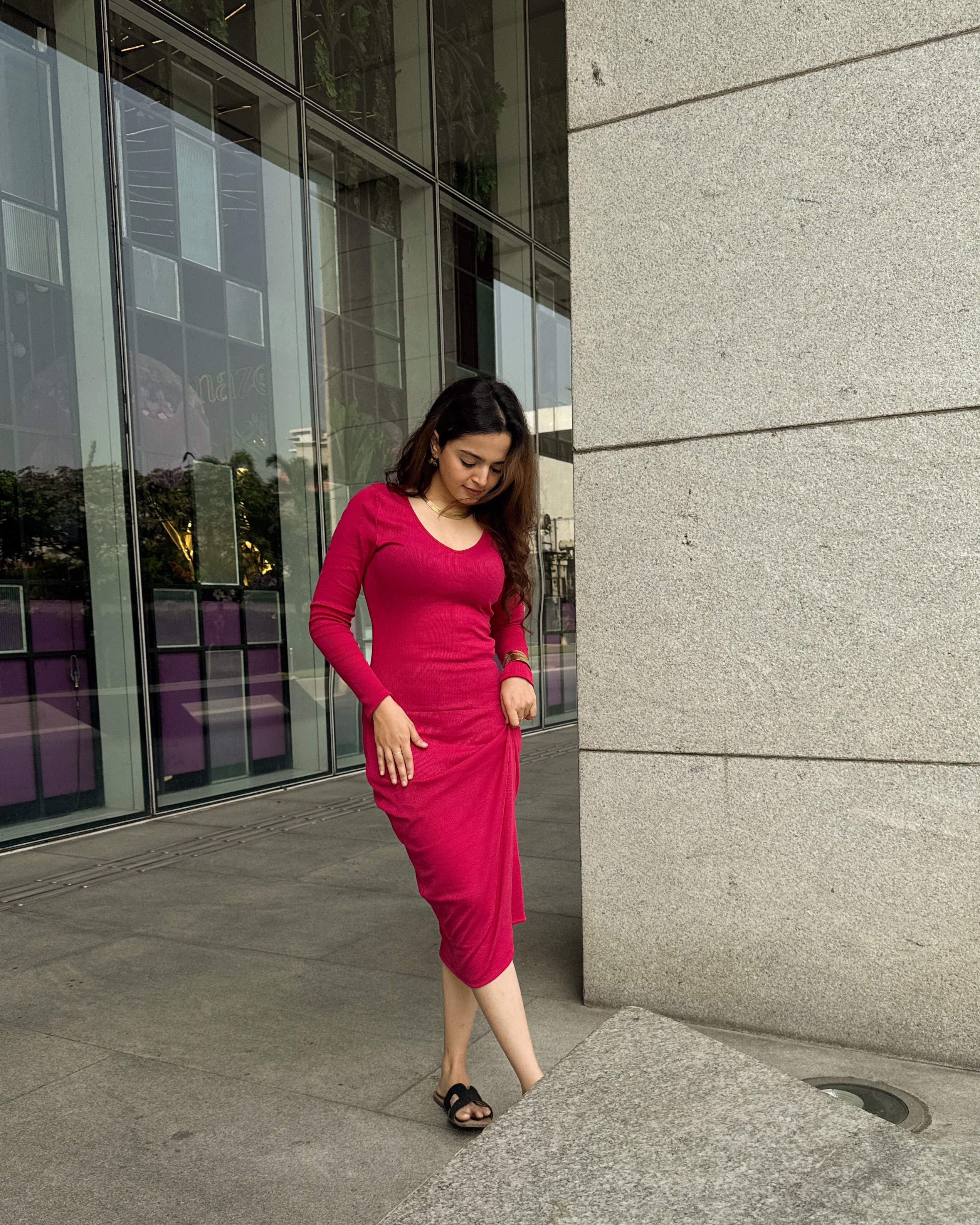 Hot Pink Full Sleeves Bodycon Dress - Image 3