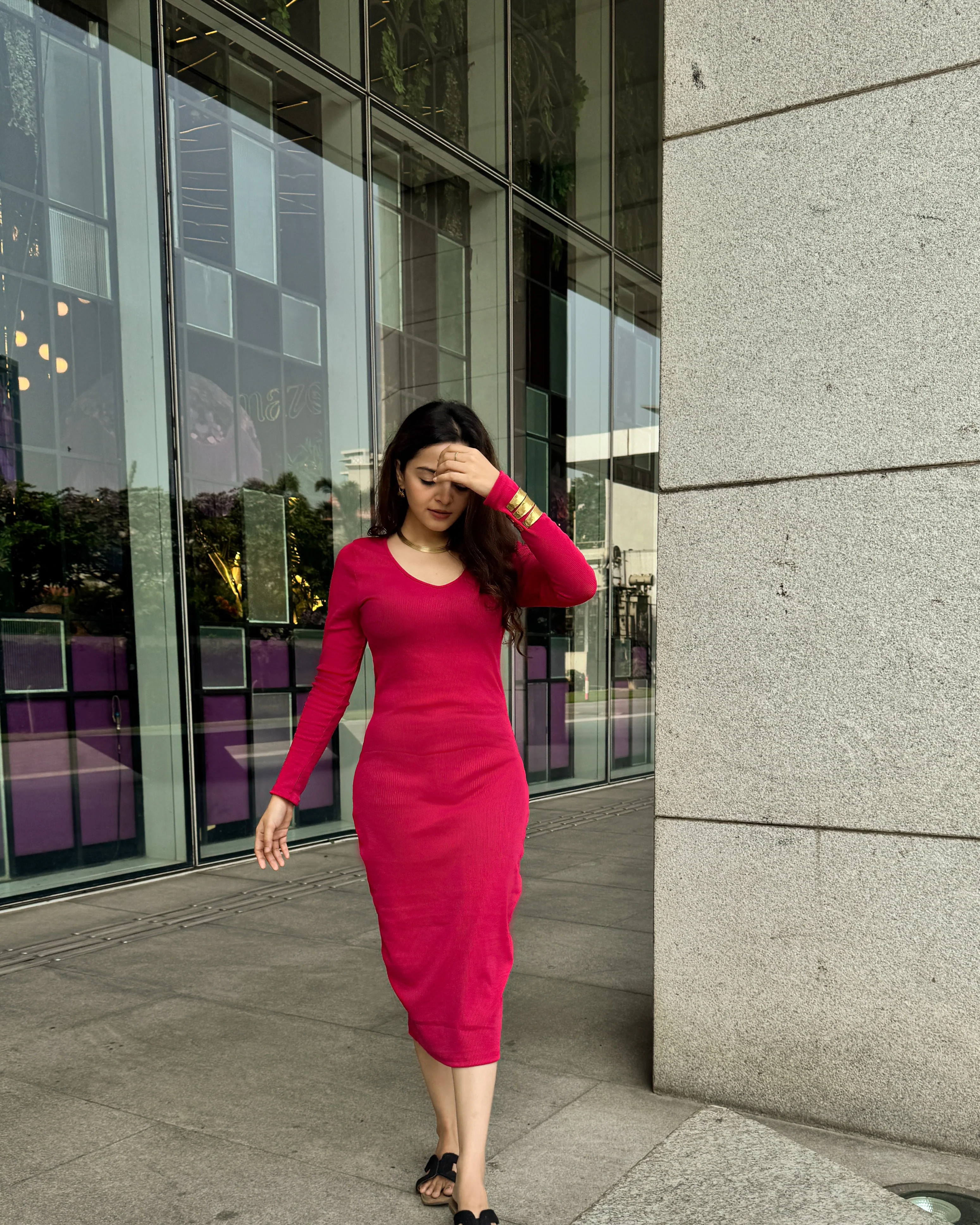 Hot Pink Full Sleeves Bodycon Dress - Image 4